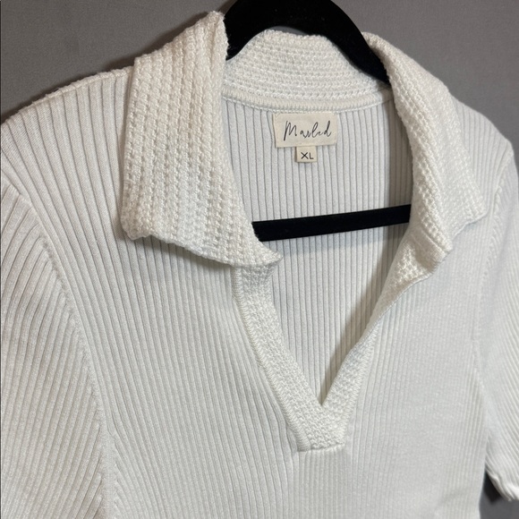 Marled Ribbed Knit Polo Top XL White Short Sleeve Rayon Blend Stretchy - Picture 4 of 9